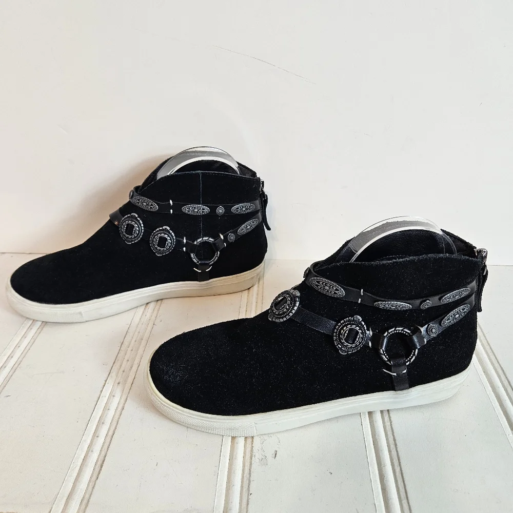 Very Volatile Sneakers 6.5 Menloh Suede Double Strap Back Zip Black Leather Boho